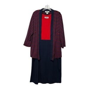 Anthony Richards 2 Piece Tank Dress Size 18 Cardigan Sweater Open Front Navy Red